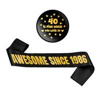 40th Birthday Decoration Sash Badge - 2 Pcs Black Gold 40 Is Fine When You Look 29 Button Badge Awesome Since 1986 Sash Party Supplies for Men Women Happy 40 Years Old Birthday Decor