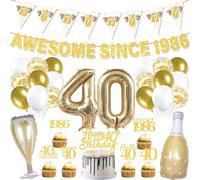 40th Birthday Decorations Balloons Banner - 31 Pcs Gold Awesome Since 1986 Banners Champagne Bottle Cup Number 40 Foil Balloons Cake Cupcake Toppers for Men Women Happy 40 Years Old Party Decor