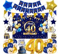 40th Birthday Decorations Balloons Banner - 33 PC Blue Gold Balloon Set | 33 Pcs Blue Gold Banners Foil Balloons Number 40 Star Backdrop Hanging Swirls Cake Topper for Men Women Cheers to 40