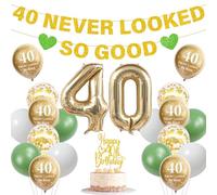 40th Birthday Decorations Banner Women - 22 Pcs Green Gold 40 Never Looked So Good Banners Number Foil Balloons Cake Topper Party Supplies for Cheers to 40 Year Old Men Happy Birthday Decor Kit