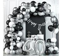 40th Birthday Decorations Black Silver Balloons Arch Kit with Number 40 Foil Confetti Balloon Happy Birthday Bunting Banner Black and Silver Party Decor for 40 Years Old Man Women Wedding Anniversary
