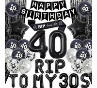 40th Birthday Decorations Black Silver - Happy Birthday Banner Rip to My 30s Decor with Sash Balloons, Star Number 40 Foil Balloons Fringe Curtains Gothic Death to My Thirties Party for Women Men