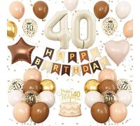 40th Birthday Decorations for Her,Sand White Brown Gold Balloons Neutral Number 40 Balloon for Women Happy Birthday Banner Nude Brown Tan Foil Star Heart Balloons Cake Topper for 40 Year Old Decor