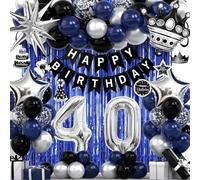 40th Birthday Decorations for Men and Women, Black Blue Silver Happy Birthday Number 40 Balloons, Banner, Fringe Curtains Garland Kit - 40 Year Old Party Supplies