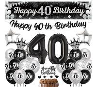 40th Birthday Decorations for Men Women - Black Silver Happy 40th Birthday Yard Banner, Star Heart Crown Number Foil Balloons Confetti Balloon Cake Topper for Him Her 40 Years Old Party Supplies