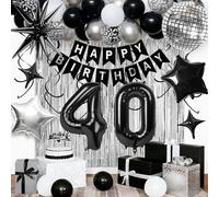 40th Birthday Decorations for Men Women, Black Silver Happy Birthday Party Decorations， 40 Year Old Party Supplies with Number 40 Balloons, Banner, Fringe Curtains Kit