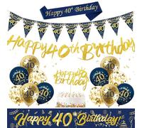 40th Birthday Decorations for Men Women, Blue Glod 40th Birthday Balloons, Happy Birthday Banner with Cake Toppers Bunting Flags, Navy Blue Gold Latex Balloons for Men 40th Birthday Party Decorations