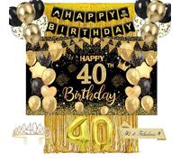 40th Birthday Decorations for Women and Men - Black and Gold Party Decorations with 40th Birthday Balloons, Banner, Crown, Sash, Backdrop, Fringe Curtain - Party Decorations for Adults
