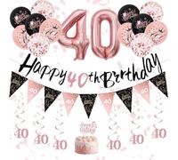 40th Birthday Decorations for Women - Black Rose Gold 40th Birthday Banners, Balloons, Bunting, Hanging Swirls Streamers and Cake Toppers for Girl Women Adults Happy Party Decoration