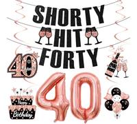 40th Birthday Decorations for Women, Black Rose Gold Happy 40th Birthday Banner Pre-Strung Glitter Shorty Hit Forty Banner Funny 40 Foil Balloons Cheers to 40 Hanging Swirls Party Supplies Sign 8PCS
