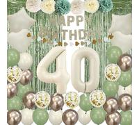 40th Birthday Decorations for Women Glitter Happy Birthday Sign Banner Sage Green Gold Balloon Heart-Shaped Banner Tissue Paper Pom Poms for Sage Green Birthday Decorations In Her 40s