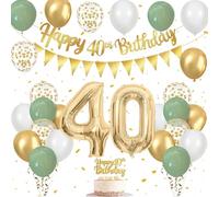 40th Birthday Decorations for Women - Green Gold 40th Birthday Balloons for Men Women Including Green White Gold Balloons Confetti Balloon Banner Triangle Flags Cake Topper, Number 40 Helium Balloon