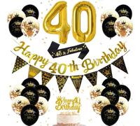 40th Birthday Decorations for Women & Men - Black and Gold Party Supplies with Happy Birthday Banner, 32 Inch Gold Number Balloons, Confetti Balloons, Sash, Cake Topper & Triangle Bunting