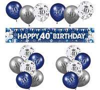 40th Birthday Decorations for Women Men, Blue Happy 40th Birthday Banner and Navy Blue Silver Birthday Balloons 40th Birthday Decoration Kit for 40th Birthday Party Decorations