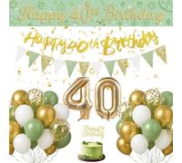 40th Birthday Decorations for Women Men - Sage Green Gold White 40th Birthday Banners Bunting Flags Balloons Cake Topper And Number 40 Foil Balloon For Her Him 40 Year Old Party Decoration Supplies