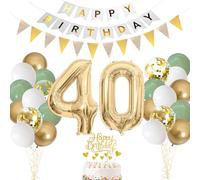 40th Birthday Decorations for Women Men, Sage Green White Gold oons Pack, Foil Number 40 oon with Cake Topper, oons and Banners for 40th Birthday Party Decorations