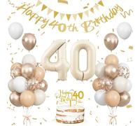 40th Birthday Decorations for Women Men, Sand White Gold Party Decoration with 40 Year Old Foil Balloon Set, Beige Gold Happy Number 40 Birthday Banner with Cake Topper for Him Her Boho Party Supplies