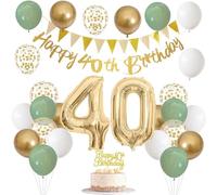 40th Birthday Decorations for Women, Sage Green White Gold Birthday Balloons with Happy 40th Birthday Banner Cake Topper and Number 40 Foil Balloons