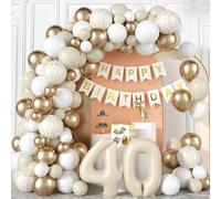 40th Birthday Decorations for Women Sand White Gold Balloons Arch Kit with Cream Number Foil Balloon Happy Birthday Bunting Banner Boho Beige White Metallic Champagne Gold Party Decor for 40 Years Old