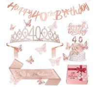 40th Birthday Decorations for Women Sweet Gifts Rose Gold 40 Sash, Tiara, Cake Topper, Number 40 Candles, Happy 40th Birthday Banner, 3D Butterfly 12pcs, Party Supplies