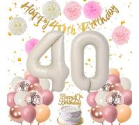 40th Birthday Decorations Girls White Number 40 Balloon Happy 40th Birthday Banner Cake Topper 10in Rose Gold Pink Sand White Nude Balloons Confetti 12in Pink Beige Paper Pom Poms Ribbon Straw (40th)