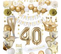 40th Birthday Decorations, Gold 40th Birthday Decorations for Men Women Gold White Balloons HAPPY BIRTHDAY Banner Number 40 Balloons Crown Star Heart Balloon Cake Topper