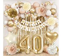 40th Birthday Decorations Gold Beige,Beige White and Gold 40th Birthday Balloons Set with Happy Birthday Banner,Gold Balloons,Tinsel Curtains,Star Heart Foil Balloons,Paper Pom Poms Party Decorations