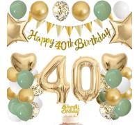 40th Birthday Decorations - Green & Gold Party Decor with 40th Banner, Cake Topper, 40" Gold Balloons & Confetti Mix