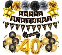 40th Birthday Decorations Kit - 33 Pcs Black Gold Happy Birthday Banner Triangular Flag 40 & Fabulous Sash 40 Balloons Set Paper Pom Poms for Men and Women 40 Year Old Party Decoration Supplies