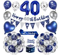 40th Birthday Decorations Men,Royal Blue Silver 40 Birthday Balloons with Happy 40th Birthday Banner, Number 40 Foil Balloons, Birthday Sash, Cake Topper,40th Birthday Party Decorations Set for Him