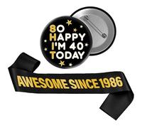 40th Birthday Decorations Men Women - 2 Pcs Black Gold Sash and Badge | Awesome Since 1986 Satin Sash so Happy I'm 40 Today Badge Party Accessories for Cheers 40 Years Old Celebration Decor