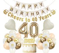 40th Birthday Decorations Women Kit - 29 Pcs White Gold Cheers to 40 Years Pre-strung Banner Fishtail Flag Cake Topper Heart Balloons 40th Birthday Balloon Set for Happy 40 Year old Party Decoration