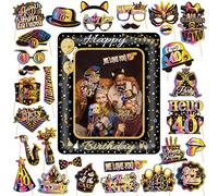 40th Birthday Decorations Women Men - 31 Pieces Black Gold Photo Booth Props Inflatable Selfie Frame, Personalised Funny DIY Glasses Moustache Bows for Her Him Photobooth Party Supplies