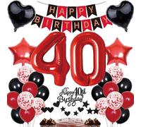 40th Birthday Decorations - Women's Happy Birthday Banner & Cake Topper Set - Red & Black - Includes Number 40