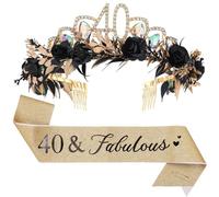 40th Birthday Flower Crown and Sash Set - Rose With Rhinestone Crystal Tiara Black Gold Headdress for 40 Year Old Women, Suitable for 40th Female Sister Birthday Party Accessories Gift