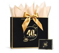 40th Birthday Gift Bag Set with Card and Wrapping Paper | Black 40th birthday gift bag set for women, includes tissue paper and card, elegant matte finish, sturdy paper design