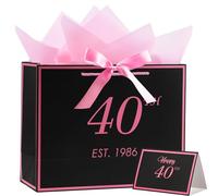 40th Birthday Gift Bag with Card and Tissue Paper for Women Her, 1986 40 Year Old 13" Elegant Black & Pink Anniversary Keepsake Party Present Shopping Paper Bags for Gifts Wrapping (1986 40th)