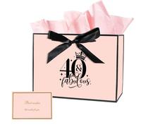 40th Birthday Gift Bag with Tissue Paper and Card, 40th Birthday Party Gifts Bag for Women and Men, Medium Gift Bags for Birthdays Party, Anniversary, Presents (Pink)