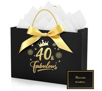 40th Birthday Gift Bag with Tissue Papers & Greeting Card, Black | with Birthday Wrapping Paper, for Women Men 40 Year Old Present, Party Decorations Supplies (20 x 10 x 28 cm)