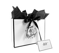 40th Birthday Gift Bags with Matching Tissue Paper and Greeting Card, Elegant Bow and Classic White & Black Luxury Present Packaging 40th Gift Bags for Women & Men- 28x20x10 cm