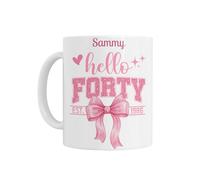 40th Birthday Gift for Her - Personalised Hello Forty Birthday Mug, Est 1986, Age 40, White Ceramic, Pink Bow Design, Custom Name Gift