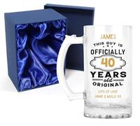 40th Birthday Gift for Him - Personalised 40th Birthday Glass Beer Mug Tankard Stein, This Guy is Officially 40 Years Old, 0.8 Pint, Dishwasher Safe (Print with Handle on Left, Silk Lined Gift Box)