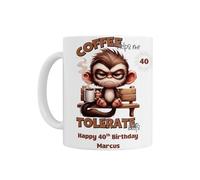 40th Birthday Gift - Personalised 40th Birthday Age 40 Coffee Mug, Coffee Helps Me Tolerate Idiots, Monkey Design, White Ceramic, Custom Name
