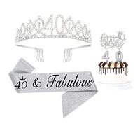 40th Birthday Gifts for Women - 40 & Fabulous Birthday Sash Silver Crystal Tiara Crown with Happy 40th Birthday Cake Topper and Candles for Women 40th Birthday Party Supplies