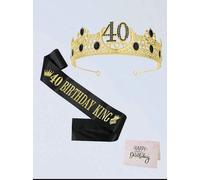 40th Birthday King Crown and Sash Set, Gold Metal Tiara with Black Gems, Black Birthday Sash with Card