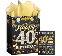 40th Birthday Medium Gift Bag, Black and Gold Birthday Presents Bag with Greeting Cards and Tissue Paper, Perfect for Any 40th Celebration