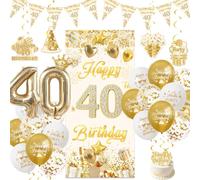 40th Birthday Party Decorations, Gold White Door Hanging Banner Set | hello forty, forty and fabulous, her his birthday, bunting flags, cake topper, crown foil, balloons, hanging swirls