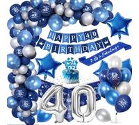 40th Birthday Party Decorations Men,Royal Blue Balloon Arch Kit with Happy Birthday Banner,Cake Topper,Tablecloth,Foil Confetti Balloon,Birthday Sash,Chrome Blue Silver 40 Birthday Party Decor