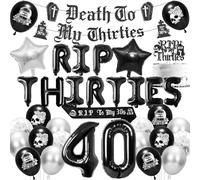 40th Birthday Party Decorations Set, Rip to My 30s Gothic Themed Party Supplies, Featuring Banner Garland Sash Cake Topper Number Letter Heart Star Black & Silver Balloons