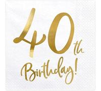 40th Birthday Party Napkins, White with Gold Print, 33 x 33 cm, Pack of 20